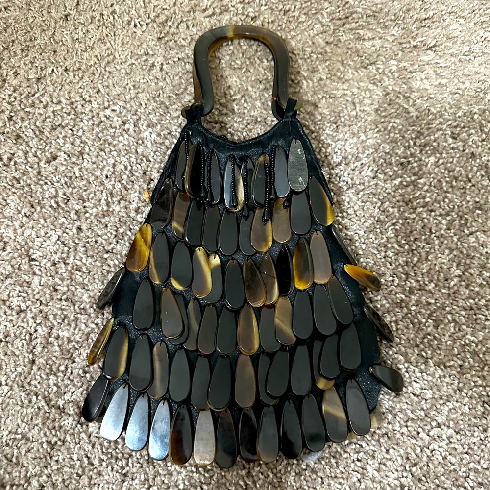 Vintage Brown Tortoise Shell Beads Satin Finish Inside Purse Hand Bag 11"